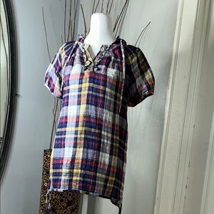 Antilia Femme Blue and Yellow Blouse with Puff Sleeves